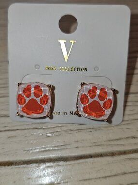 Orange Tiger Paw Print Gold Stud Earrings Game Day